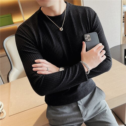 Casual Long-Sleeved Weave Patterned T-Shirt