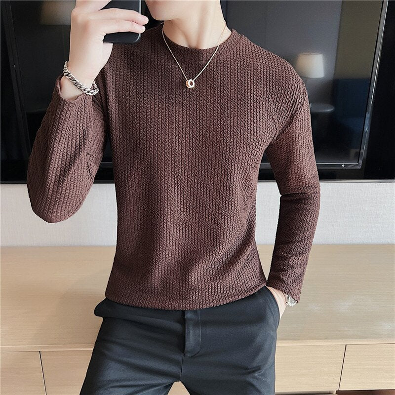 Casual Long-Sleeved Weave Patterned T-Shirt